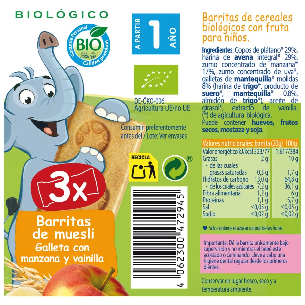 Barres de Muesli Biscuit Pomme et Vanille +12 mois