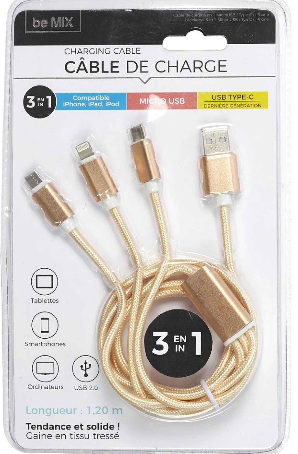 Câble USB 3-en-1 MICRO USB-T C