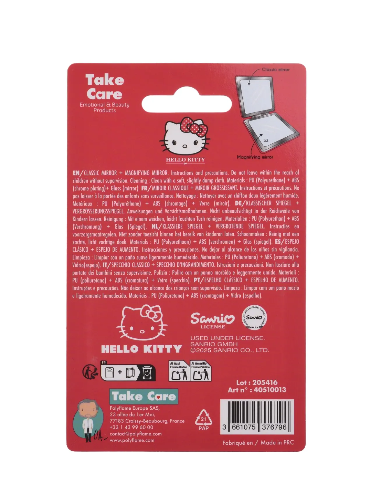 Miroir Classique + Miroir Grossissant Hello Kitty
