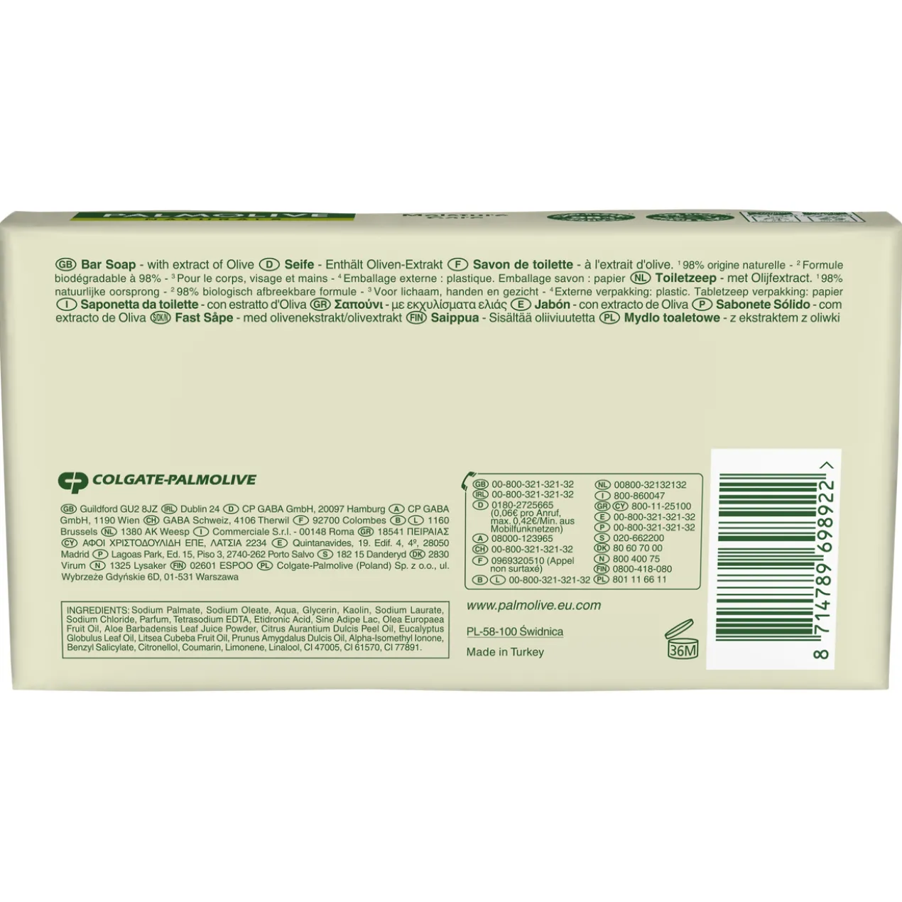 Savon en Pain Moisture Care Olive avec Extrait d'Olive